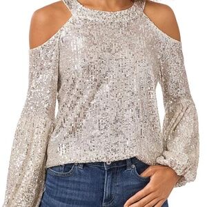 CECE COLD SHOULDER SEQUINED BLOUSE - Large - SILVER